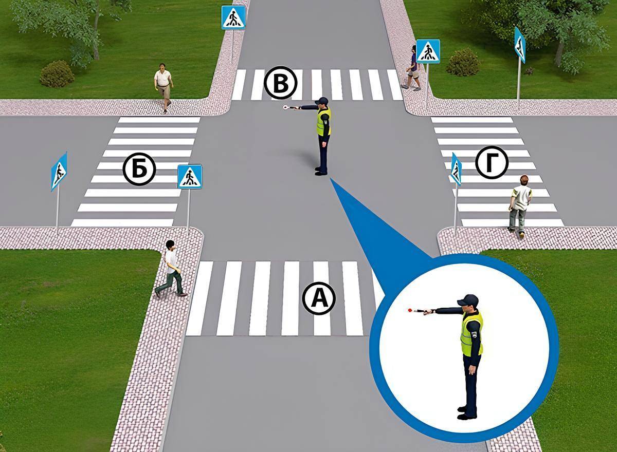  - У ситуації, що показана на малюнку, при даному сигналі регулювальника пішоходи можуть переходити проїзну частину дороги тільки в одному напрямку - це за спиною у регулювальника, при цьому пішоходам повинні поступатися дорогою транспортні засоби, які повертатимуть праворуч, рухаючись на ліве плече регулювальника. А ось переходити проїзну частину дороги паралельно до грудей і спини регулювальника можуть пішоходи тільки коли у регулювальника витягнуті обидві руки в сторони, або обидві руки опущені, або права рука зігнута перед грудьми.

✅ Правильна відповідь - 1
