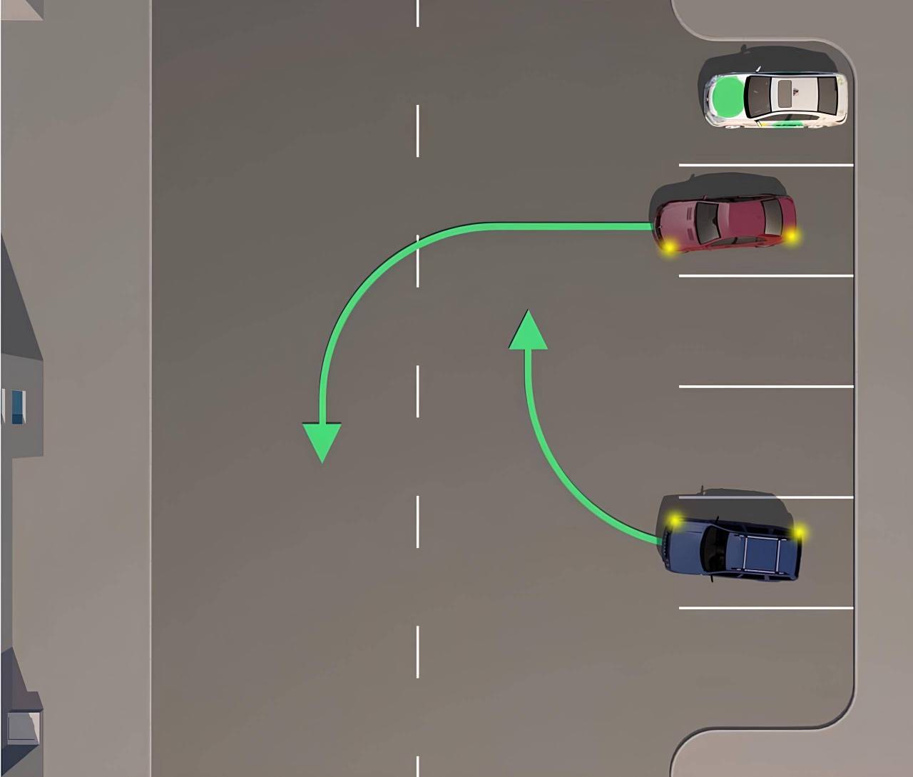  - Правило 10.11 ПДР України встановлює, що якщо траєкторії руху транспортних засобів перетинаються, а черговість проїзду не визначена іншими правилами, дарогу повинен поступитися водій, до якого транспортний засіб наближається справа. Це правило також називають "правилом перешкоди справа" і воно застосовується на нерегульованих перехрестях, у дворах, на територіях стоянок та інших прилеглих територіях. 

Перед початком руху, автомобілі знаходяться в рівнозначних умовах. Світлофорів, знаків, розмітки, які визначають черговість проїзду в даному випадку немає. Тому якось потрібно визначати черговість проїзду. Саме тут і підійде правило «перешкоди справа»

✅ Правильна відповідь - 2.