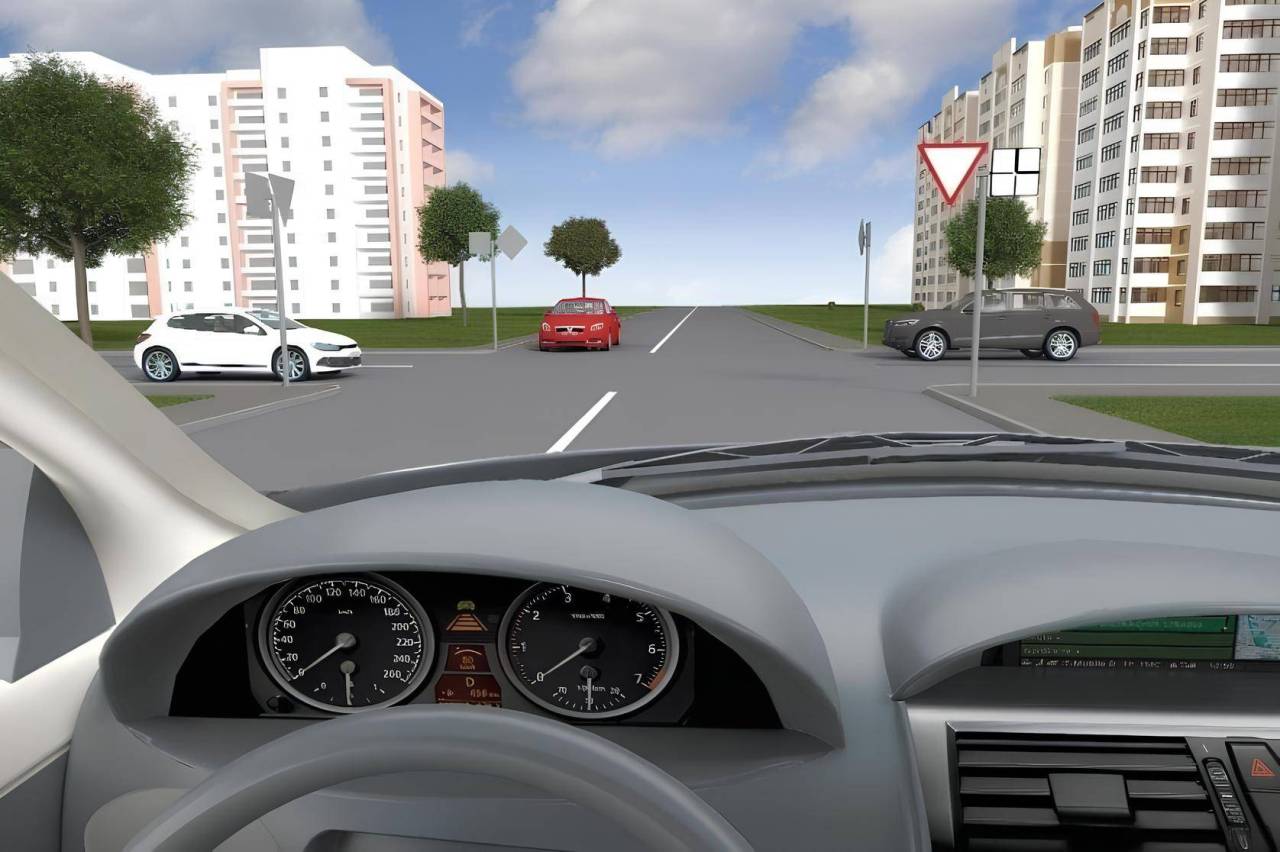  - На малюнку бачимо перехрестя, на якому черговість руху визначається знаками пріоритету, тобто перехрестя вважається нерегульованим, згідно з пунктом 16.1 ПДР.
Розберемо опис установленого знака пріоритету і таблички під ним, згідно з ПДР:
«При знаку 2.1 «Дати дорогу» водій повинен дати дорогу транспортним засобам, що під’їжджають до нерегульованого перехрестя по головній дорозі, а за наявності таблички 7.8 «Напрямок головної дороги» — транспортним засобам, що рухаються по головній дорозі.
Знак установлюється безпосередньо перед перехрестям або вузькою ділянкою дороги.
Поза населеними пунктами на дорогах з твердим покриттям знак повторюється з додатковою табличкою 7.1.1 «Відстань до об’єкта».
«Табличка 7.8 «Напрямок головної дороги» вказує напрямок головної дороги на перехресті. Застосовується зі знаками 2.1 «Дати дорогу», 2.2 «Проїзд без зупинки заборонено», 2.3 «Головна дорога».
Табличка розміщується безпосередньо під знаками, з якими вона застосовується».
 
З описаного вище випливає, що наш автомобіль і білий автомобіль перебувають на другорядній дорозі, їм встановлено знак 2.1 «Дати дорогу». Сірий і червоний автомобілі перебувають на головній дорозі, про що свідчить табличка 7.8 «Напрямок головної дороги», а також установлені знаки 2.3 «Головна дорога», які матимуть протилежне знаку 2.1 «Дати дорогу» значення.
Черговість проїзду на цьому перехресті допоможуть визначити пункти 16.11, 16.12 і 16.14, згідно з ПДР:
Пункт 16.11. «На перехресті нерівнозначних доріг водій транспортного засобу, який рухається по другорядній дорозі, повинен дати дорогу транспортним засобам, які наближаються до цього перехрещення проїзних частин по головній дорозі, незалежно від напрямку їх подальшого руху».
Пункт 16.12. «На перехресті рівнозначних доріг водій нерейкового транспортного засобу зобов’язаний дати дорогу транспортним засобам, що наближаються праворуч, крім перехресть, на яких організовано круговий рух.
Цим правилом повинні керуватися між собою і водії трамваїв.
….
Пункт 16.14. «Якщо головна дорога на перехресті змінює напрямок, водії транспортних засобів, які рухаються по ній, повинні керуватися між собою правилами проїзду перехресть рівнозначних доріг.
Цим правилом повинні керуватися між собою і водії, які рухаються по другорядних дорогах».
 
З вищенаведеного випливає, що наш автомобіль повинен дати дорогу сірому і червоному автомобілям, які наближаються до перехрестя по головній дорозі. Білий автомобіль, як і наш, перебуває на другорядній дорозі, тому також повинен дати дорогу сірому та червоному автомобілям, а після їх проїзду буде зобов’язаний дати дорогу і нашому автомобілю, який наближається до перехрестя з правого боку від нього (тобто наш автомобіль буде так званою «перешкодою з правого боку» для білого автомобіля).
 
✅ Правильною відповідь - 1.