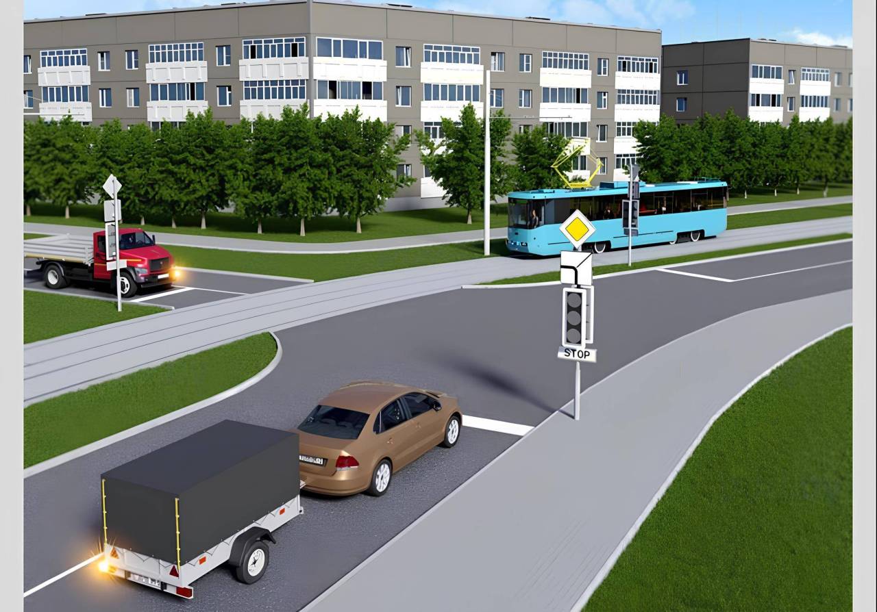  - На перехресті трамвай має перевагу перед безрейковими транспортними засобами, незалежно від напрямку руху, якщо немає світлофора або регулювальника.
Легковик виконує поворот ліворуч — це маневр, під час якого він зобов’язаний:
дати дорогу трамваю, що рухається прямо;
не зобов’язаний давати дорогу вантажівці, якщо вона рухається з другорядного напрямку або не має переваги за знаками.

✅ Правильна відповідь - 1.